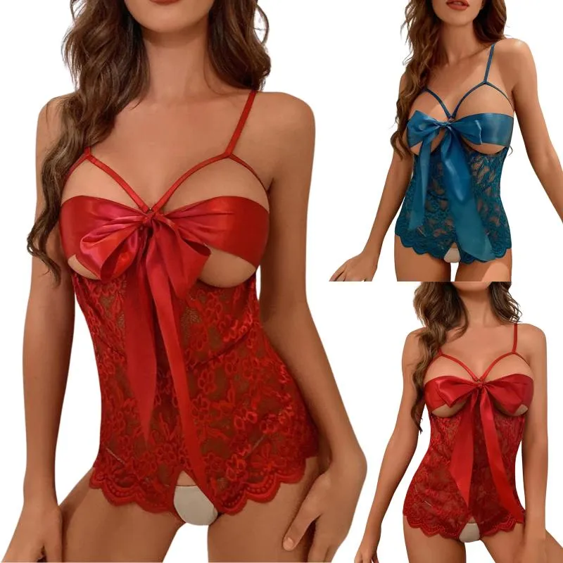 Lingerie - Bow Teddy Bodysuit Crotchless Teddy . (Diamonds