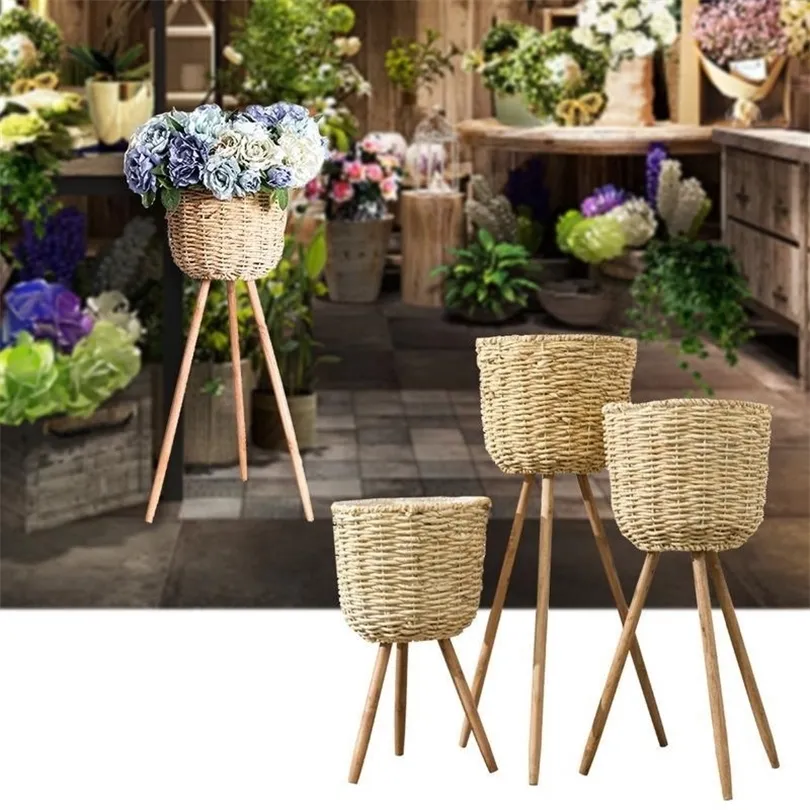 Creative Floor Vase Plant Stand Wickerwork Flower Pot Holder Display Potted Small Plants Wood Pot Rack Rustic Decor T200529