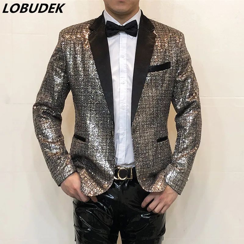 Mäns Guld Sequin Thin Slim Suitjacka Sångare Stage Glitter Casual Blazer Bankett Host Tuxedo Konsert Prestanda Bling Coat Plus Storlek