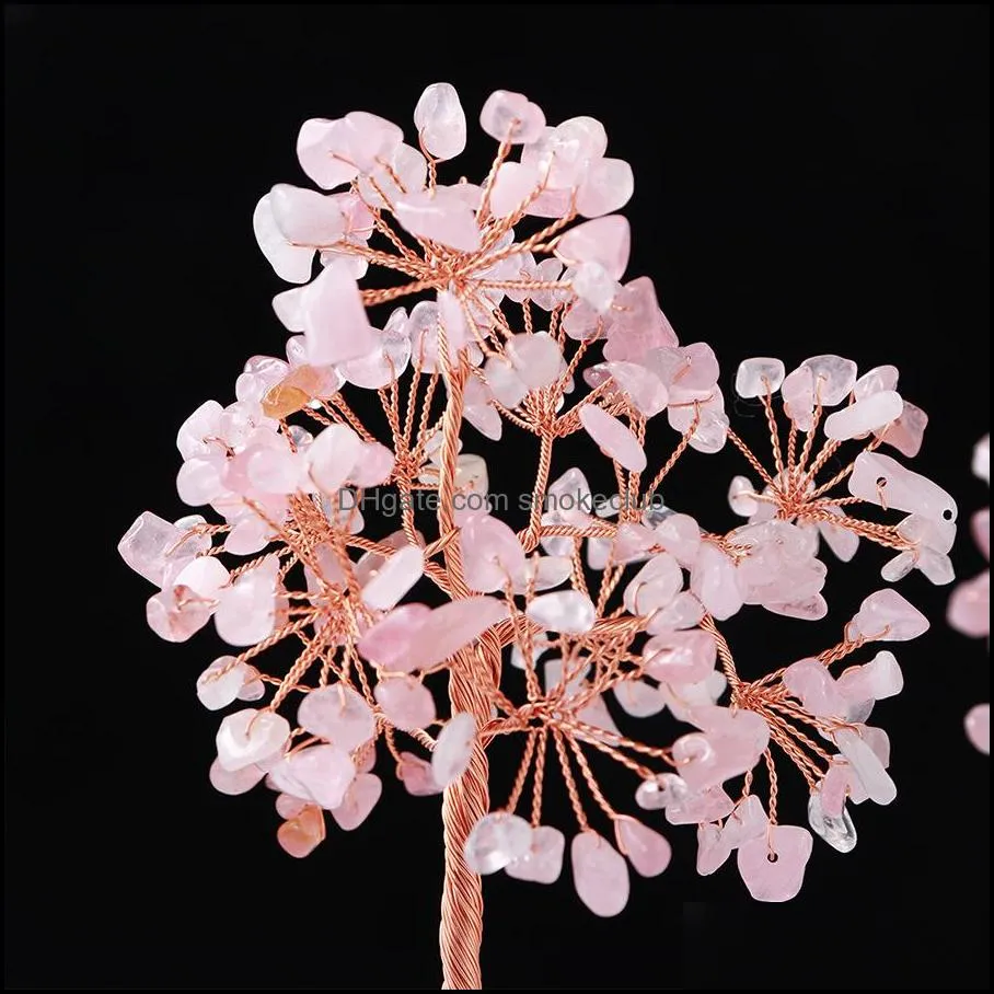 Natural Pink Crystal Tree Copper Wire Gravel Quartz Arts Trees Ornament Decoration for Home