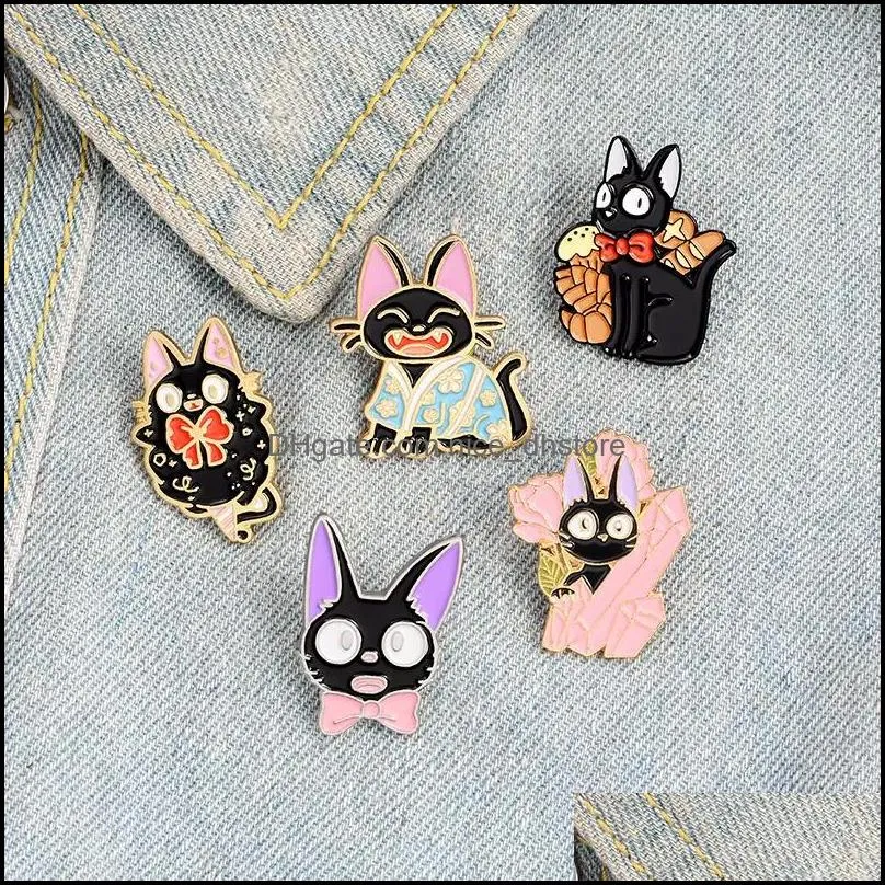 Pinsbrooches 주얼리 검은 고양이 jiji 에나멜 핀 만화 영화 브로치 가방 모자 옷을위한 맞춤 동물 배지 옷깃 옷깃 핀 칼라 유대인 dhtnm