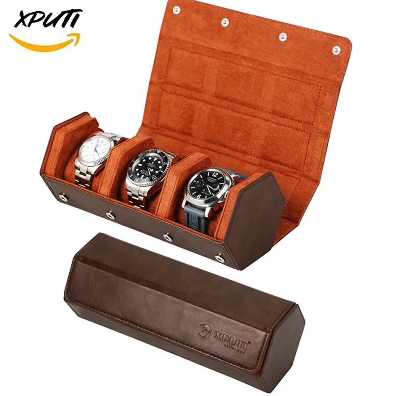 Étui de la montre pour hommes 3 -Slot Watch Roll Travel Case Storage Organisateur Affichage à la main Boîte ronde portable Boîte ronde 220509