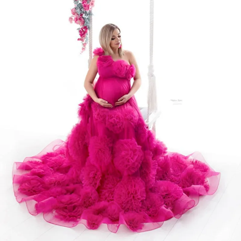 Fuchsia zwangerschapsjurk voor fotoshoot prom jurken een schouder tule bloemen baby shower jurken op maat gemaakte vestido de novia