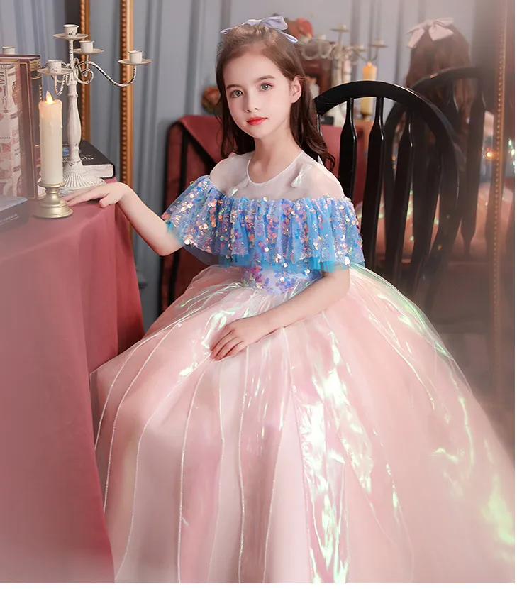 Blau rosa Blumenmädchenkleider billige kleine Mädchen Kommunikationswettbewerb Ballkleid Ballkleid Paillierte Lange Prinzessin Party Geburtstag formal