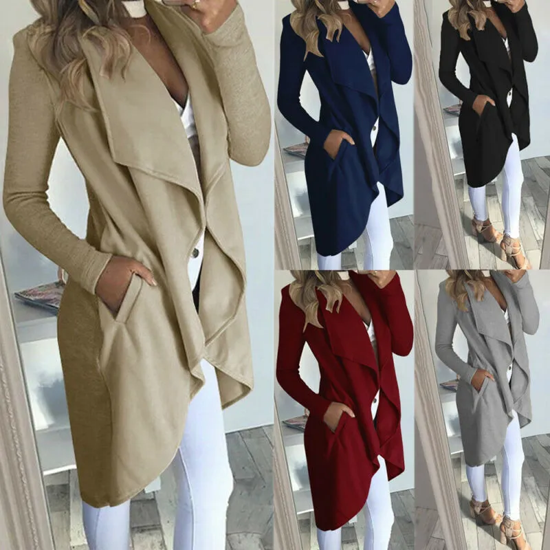 2019 Womens Long Sleeves Solid Coat Ladies Vest Overcoat Jumper Plus Size Trench L220725