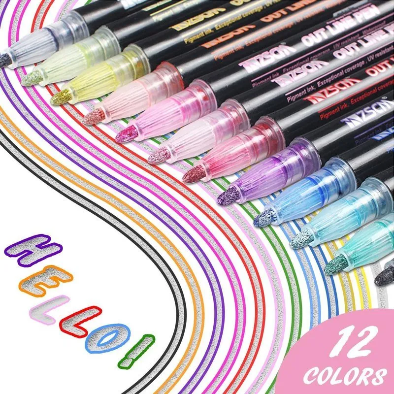 12 цветов Металлический блеск красочный набросок цвета маркер Kawaii Art Marker Double Line Pen для рисования школьных принадлежностей Art Pen 201116