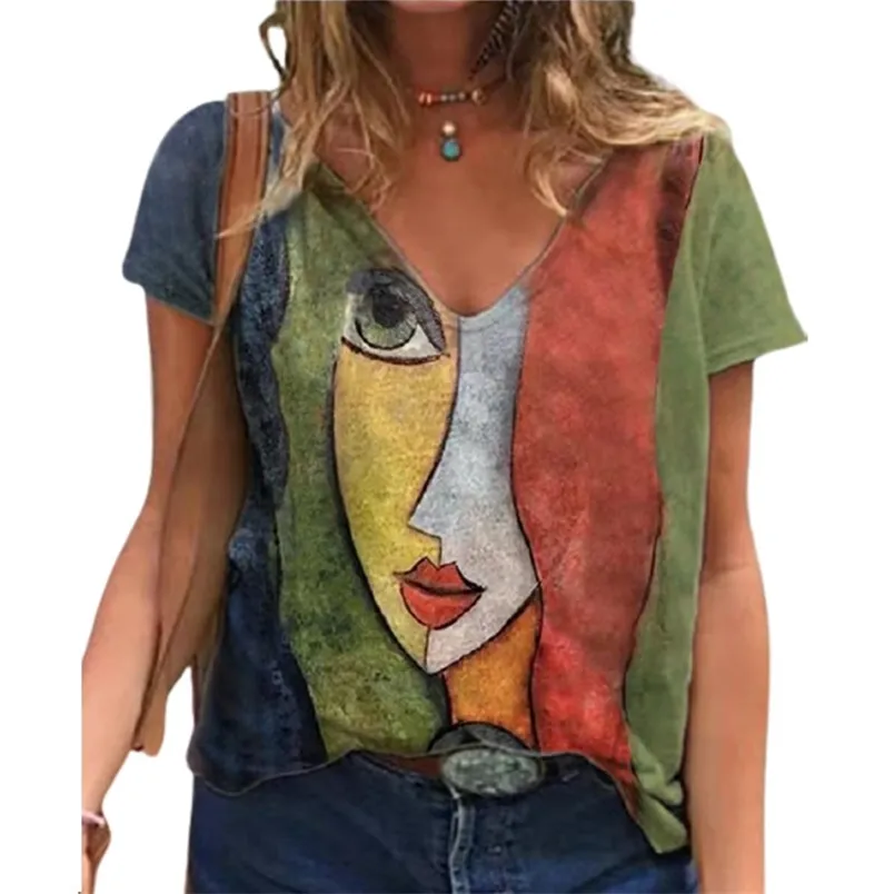 Kadınlar Sıradan Tshirt Yaz V Boyun Sanat Baskı Kısa Kollu Tshirt Vintage Y2K Büyük Boy Sokak Giyim Tişörtleri Kadın Gömlek S5XL 220602