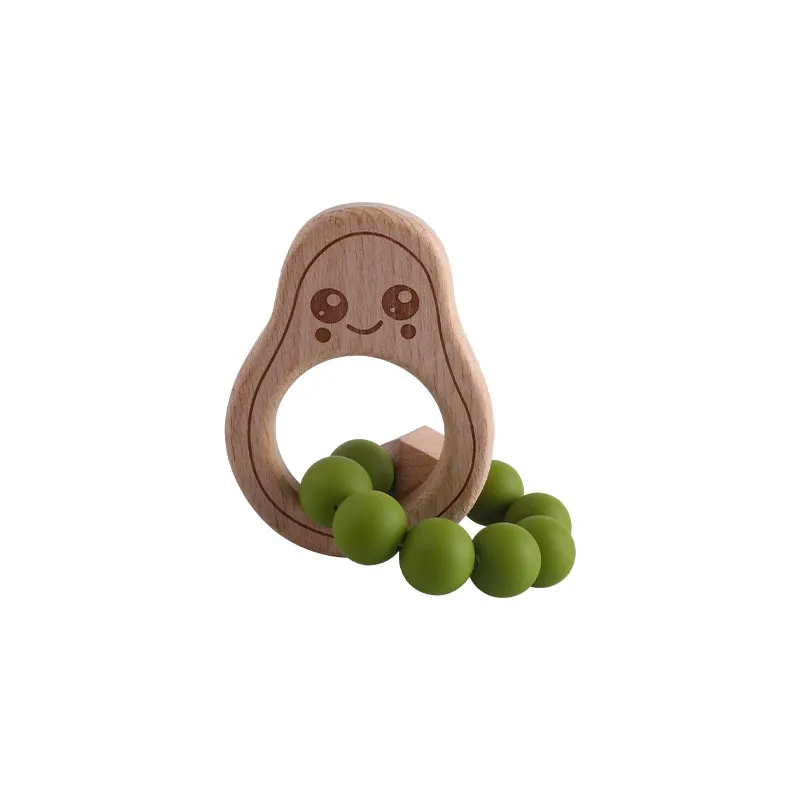 New Avocado Cartoon Baby Teether Rings Food Grade Beech Wood Teething Ring Soothers Silicone Teething Beads