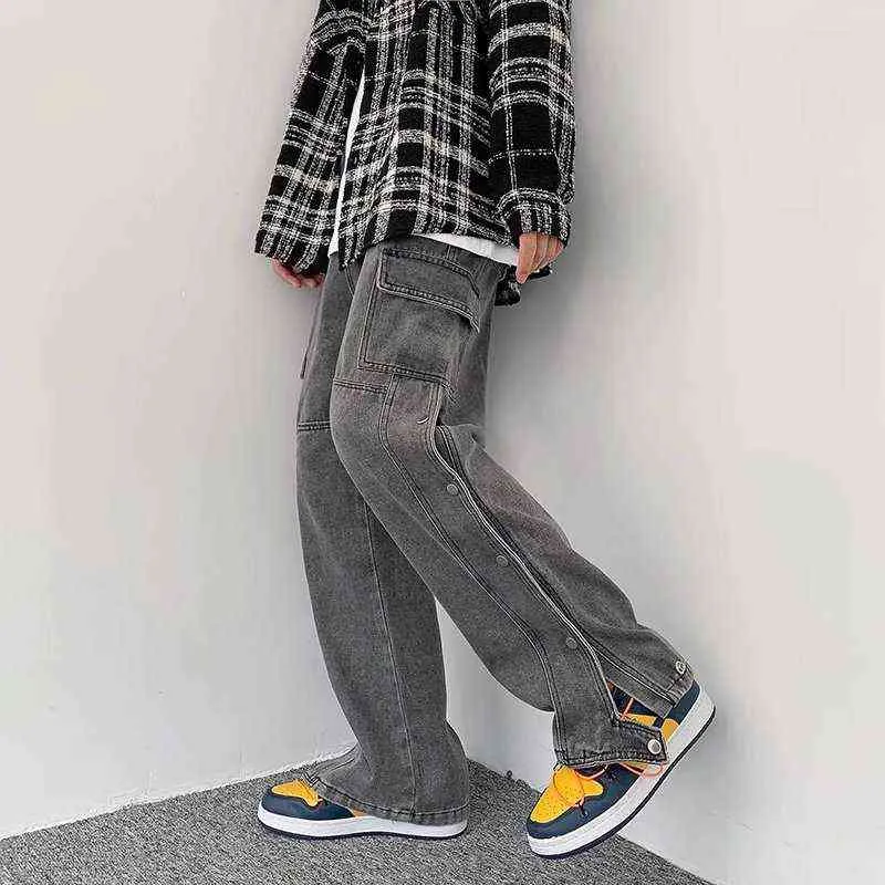 Мужская спецодежда, джинсы в стиле Y2K, унисекс, свободные боковые пуговицы, джинсовые широкие брюки с разрезом для пар, Vaqueros T2207262162