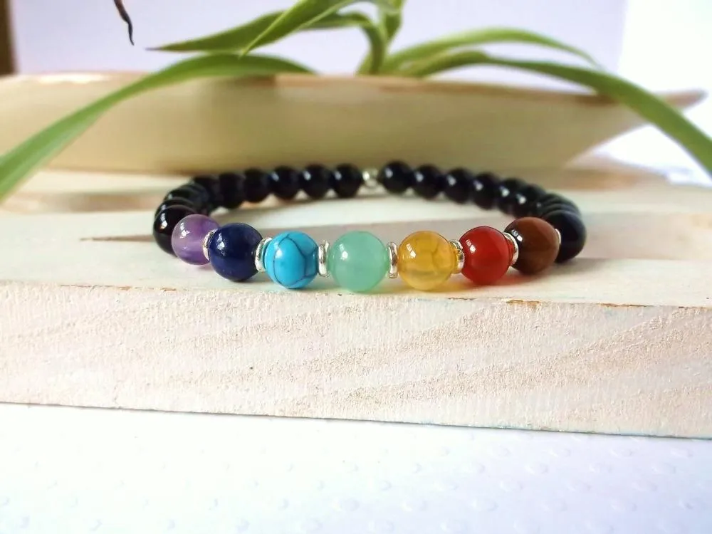 Perles Strands 7 Chakra Black Onyx Stone Bracelet Spiritual Healing For Womens JewelryBeaded