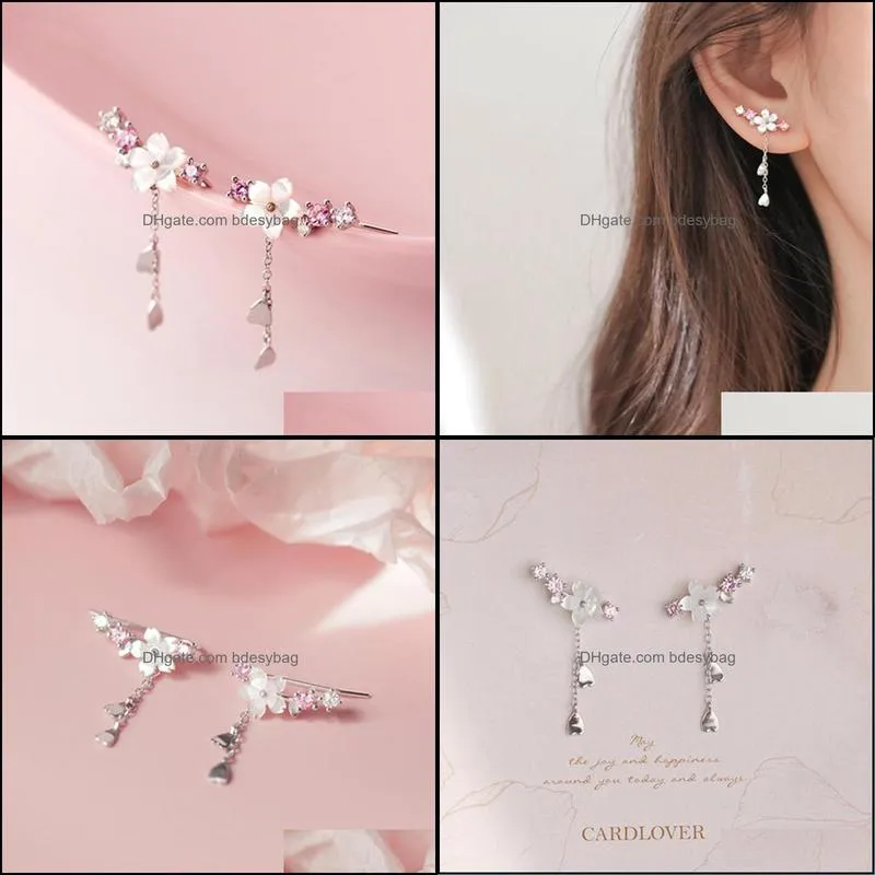 Hot Sell sterling silver Fashion Flower Cherry Blossoms Design Lady Women Drop Earrings Jewelry Gift Drop Shipping