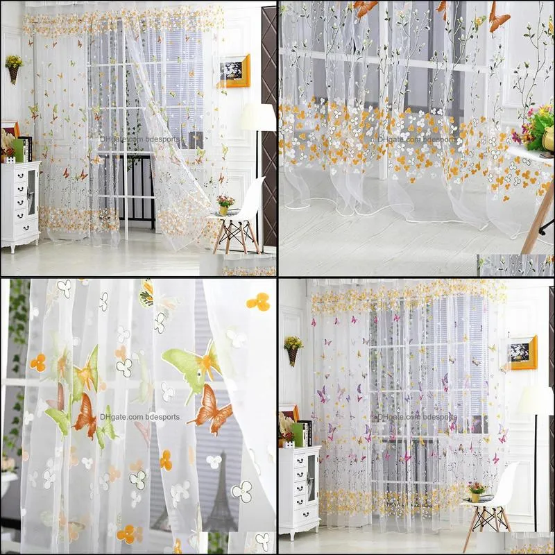 Butterfly Tulle Voile Window Curtains Door Room Balcony Sheer Panel Curtain Sheer Curtains