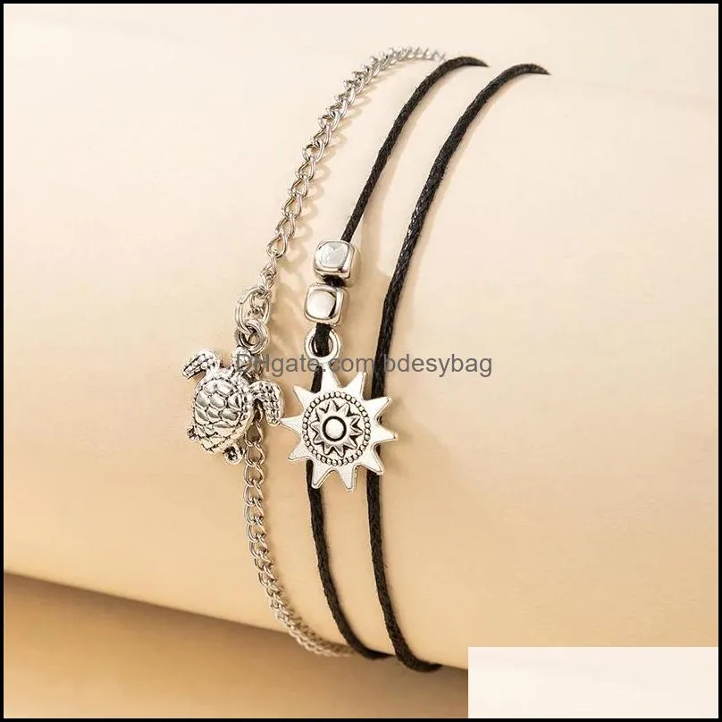 link chain vintage silver color tortoise sun pendant anklets for women girl black rope animal anklet statement jewelry