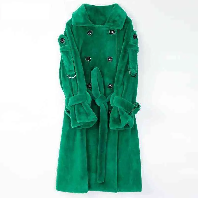 Casaco de inverno Long quente e fofo casaco de pele de pele para mulheres com peito duplo rosa cinto de moda verde de moda fêmea fêmea T220810