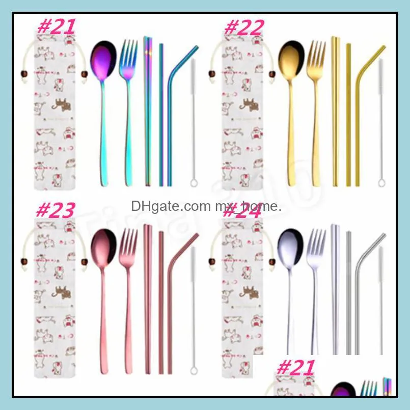 hot 7 Pieces Portable Dinnerware Straw Set Korean Cutlery Set Stainless Steel Tableware Set Kitchen Tools With Cloth bag