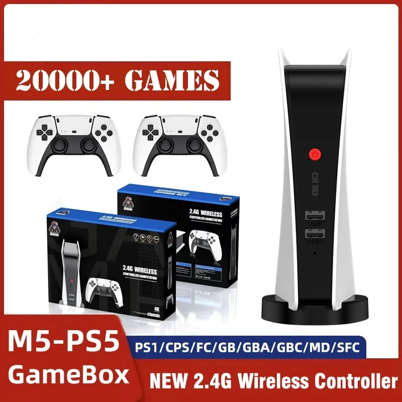 M5-PS5 비디오 게임 콘솔 향수 호스트 4K 레트로 게임 박스 200000+ 클래식 게임 2.4G PS1/CPS/FC/GBA 어린이 선물 용 무선 컨트롤러