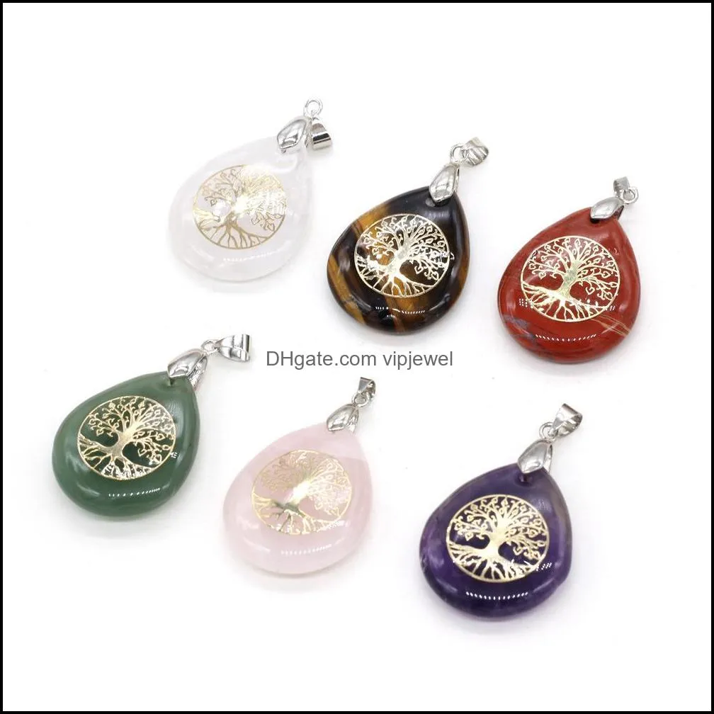 natural stone tree of life pendant charms purple pink crystal tiger`s eye water drop shape metal alloy pendant seven chakra reiki for diy jewelry necklace