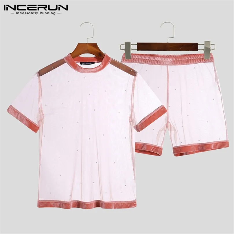 INCERUN Men Sets Patchwork Sexy Mesh See Through Homewear Oneck Short Sleeve T Shirt Shorts Two Pieces Men Suits S5XL 220602