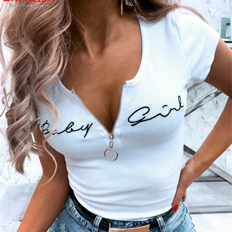 Sexy vrouwen zomerletter print t -shirts patchwork ontwerp ritssluiting decor oneck korte mouw dame casual slanke pullovers top 220527