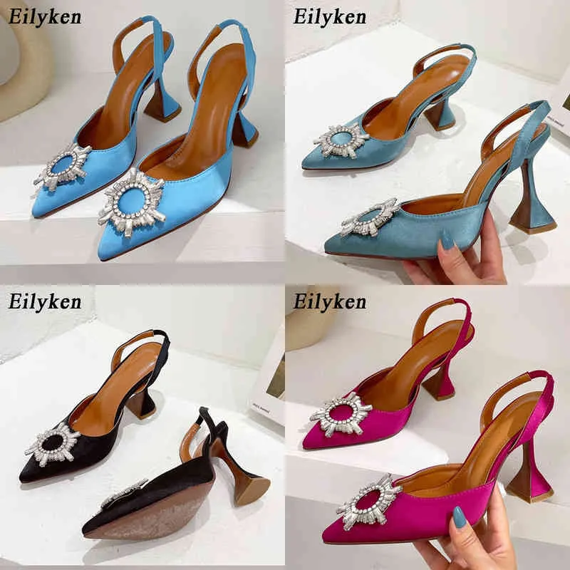 Klänningskor Eilyeken 2022 Brand Women Pumps Fashion Crystal Slingback High Heels Summer bekväm triangelklackad fest bröllop brud 220507