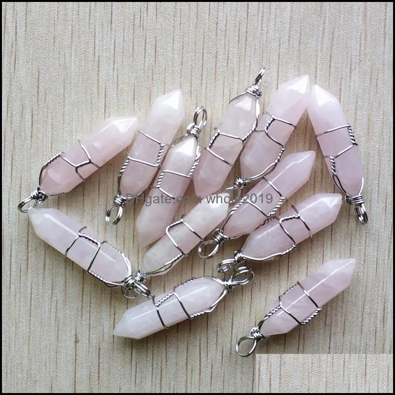 assorted natural stone pink quartz handmade iron wire pendants point charms hexagonal pillar pendant for diy jewelry making gemstones