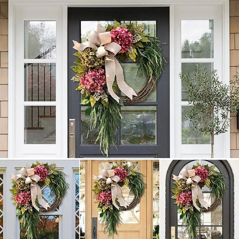Decorative Flowers & Wreaths Farmhouse Wreath Pink Hydrangea Ornaments Front Door Outdoor Garden Christmas Artificial Hanging Wedding Wall N