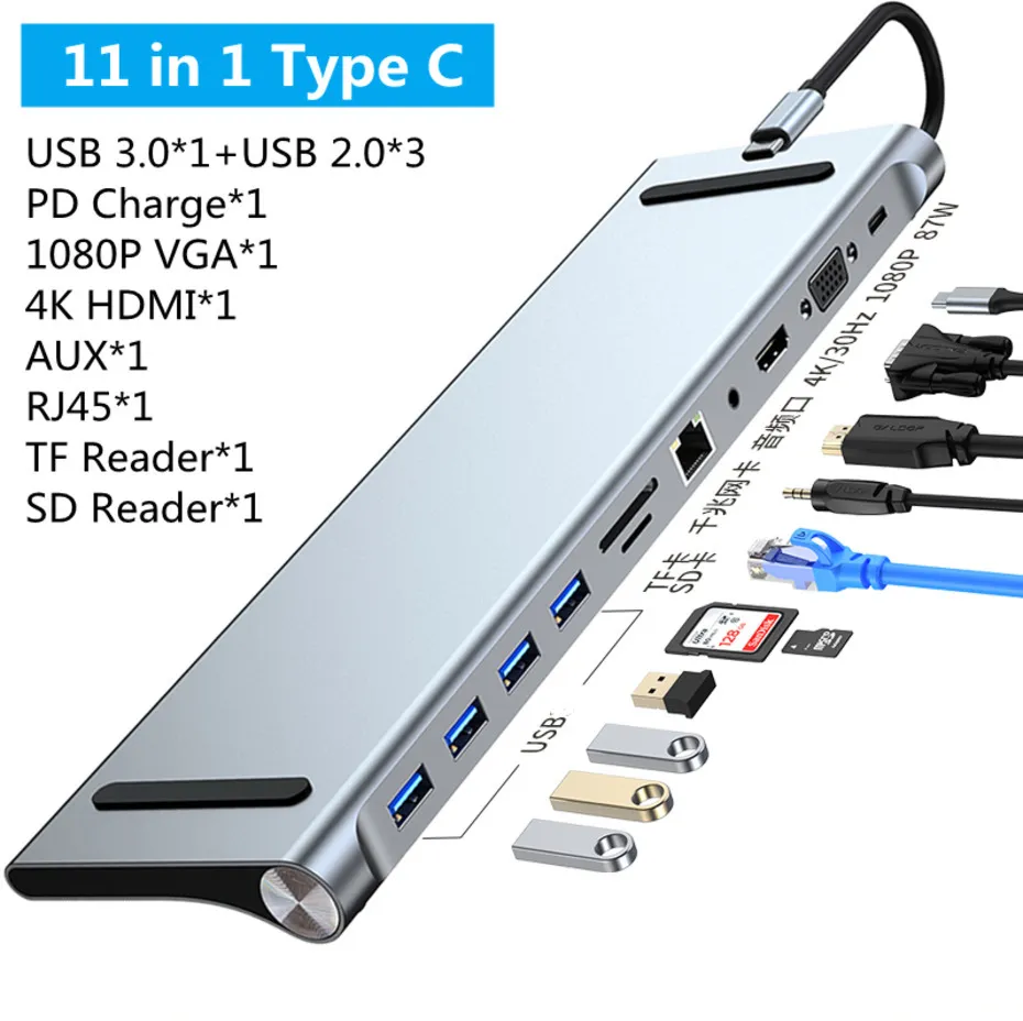 HUB 10 in 1 - USB-C, Audio, LAN, HDMI, VGA, SD, Micro SD, 3x USB 3.0