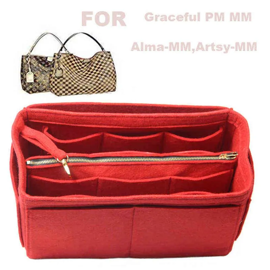 Dla wdzięku PM MM Alma-MM Artsy-MM 3 mm Felt Tote Organizer z środkową torbą torebka torebka worka w torbie kosmetyczna makijaż 21112215S