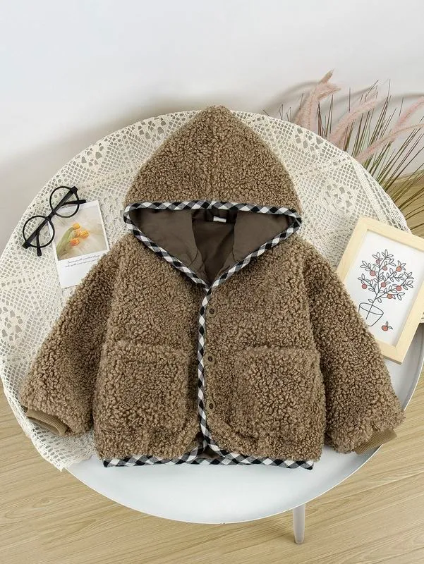 Småbarns pojkar Kontrast Bindning Hooded Teddy Coat Hon