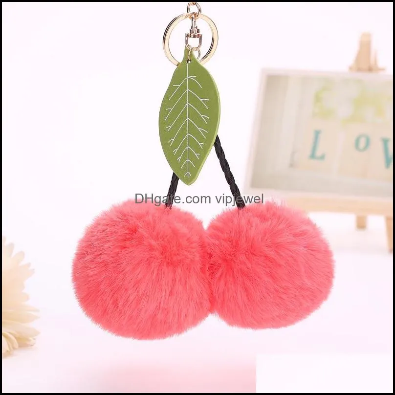 cute cherry key chain pendant leaf keyring faux rabbit fur ball pompom fruit keychains women bag charms jewelry 15 styles d474q