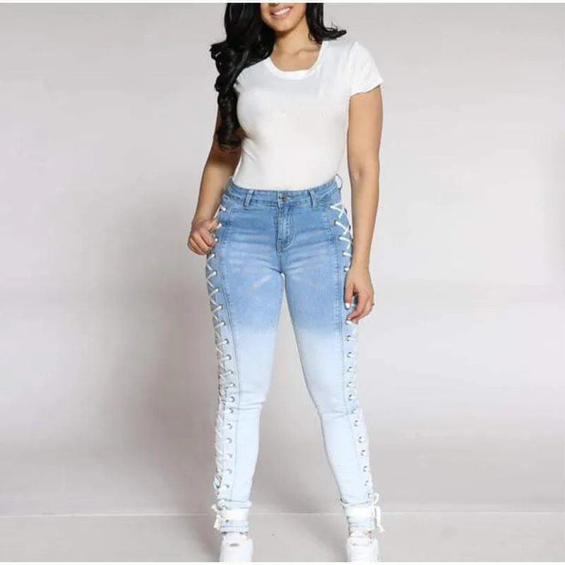 Women's Plus Size Pants Sexy Lace Up Waist Bodycon White Blue Pencil Jeans Mom 3xl Streetwear Criss Cross Push Party Club Denim Pant OutfitW