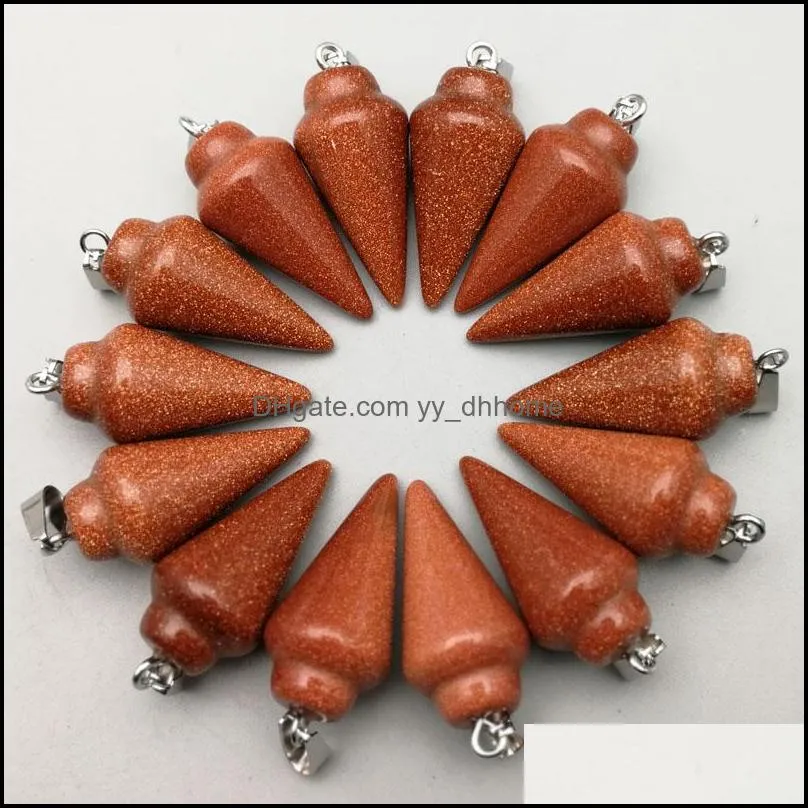 fashion natural stone pendants charms gold sand circular cone pendulum for jewelry making 50pcs wholesale