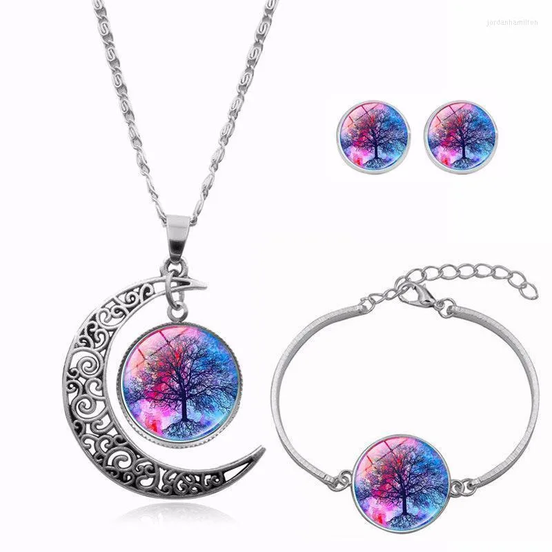 Tree of Life Armband Suit Crystal Round Small Pendant Necklace Gold Silver Color Bijoux Collier Elegant Women Jewelry Gifts Link Chain