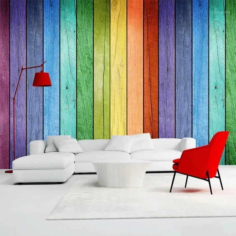 Wallpapers regenboog gekleurd houten bord behang moderne kunst interieur decoratie muur schilderij muurschildering home decor woonkamer waterdicht