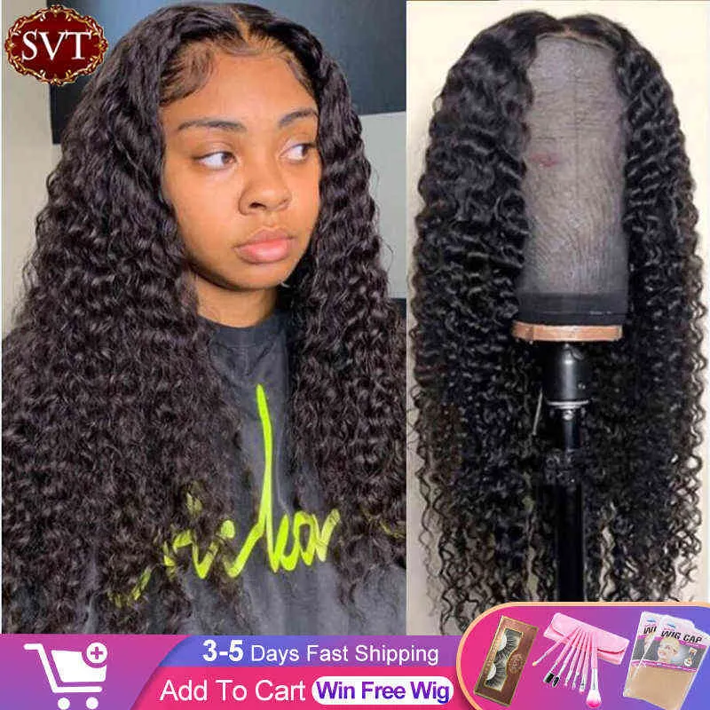 Svt Indian Deep Curly Lace Front Wig Human Hair S voor zwarte vrouwen zwaaien 4x4 Sluiting Glueless frontal 220609
