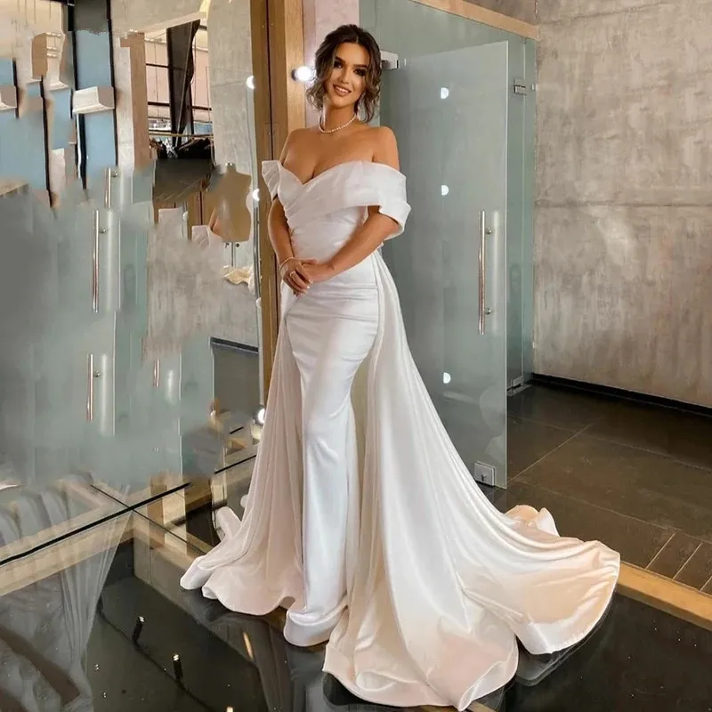 Princess Wedding Dress Off The Shoulder Satin Pleat Mermaid Bridal