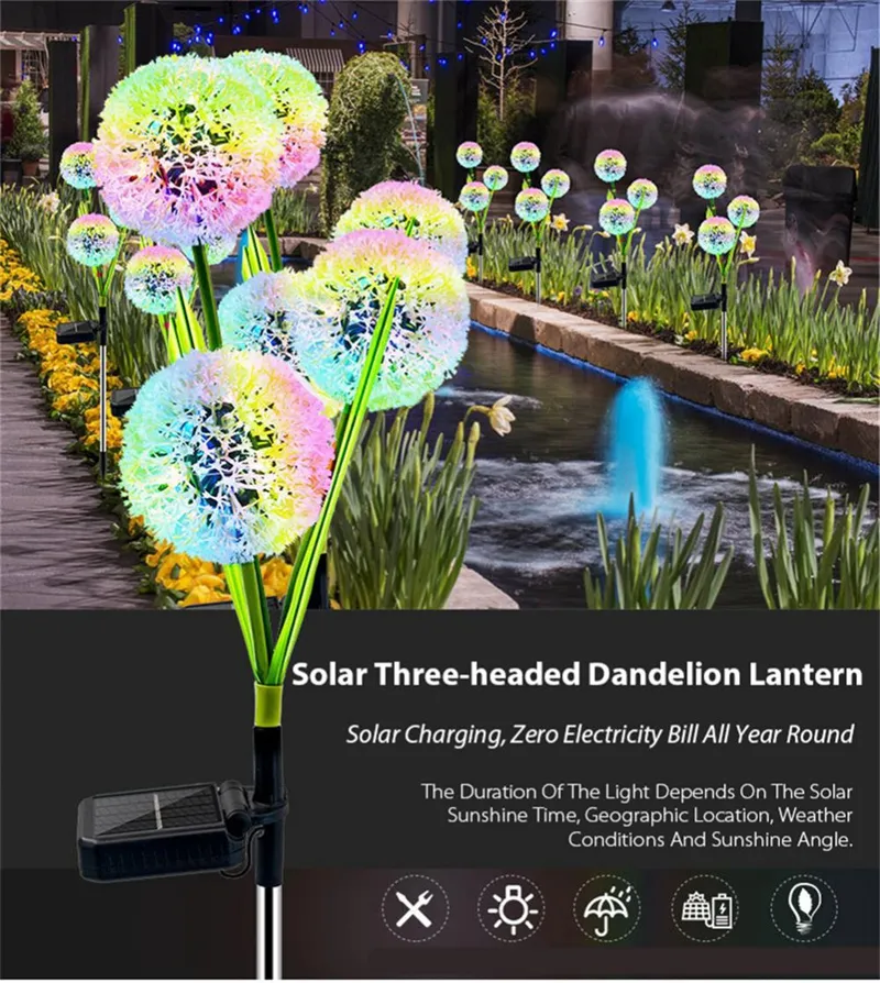 Lampe solaire Led à 3 têtes de pissenlit, fleur, extérieur, jardin, pelouse, rue, piquets de pelouse, lampes féeriques, décoration artistique de cour