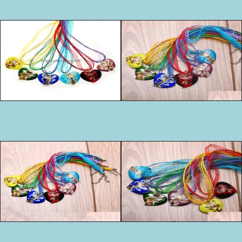 6pcs jewelry heart gold foil murano glass pendant lampwork silk rope necklace mixed color