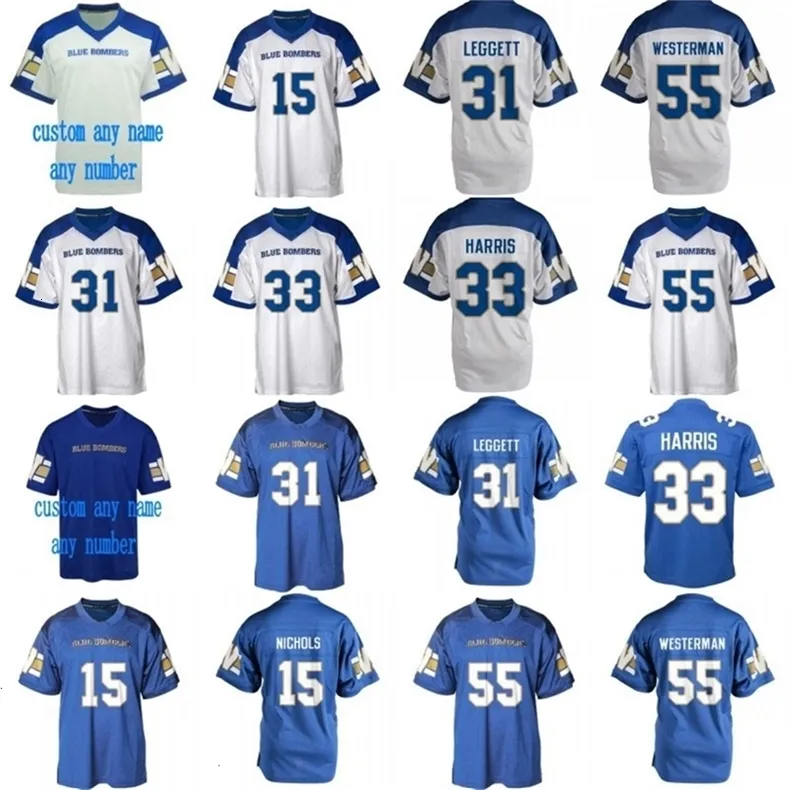 Uf CeoMit 2018 New Style Winnipeg Blue Bombers 15 Matt Nichols 31 Maurice Leggett 33 Andrew Harris 55 Jamaal Westerman Maillots de football personnalisés