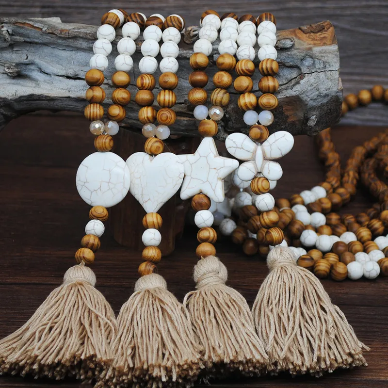 Contas de madeira colar de borla coração de cristal natural de colar de pingente de colar de miçangas femininas acessórios de moda