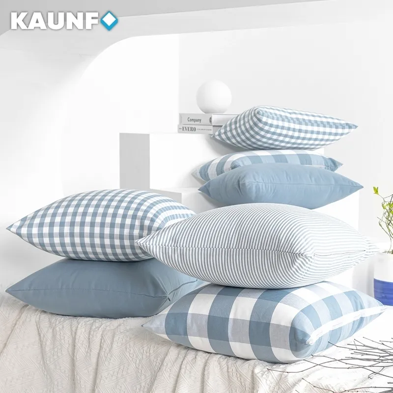 Kuddefodral Plaid randig polyester bomullsduk kudde täcker kudde ljusblå stol soffa heminredning kast kudde 30x50 45x45 220623