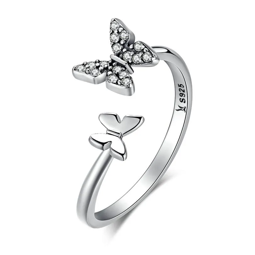 925 STERLING SIRINGLING CZ Butterfly Open Finger Ring para mujeres Joya de plata esterlina Regalo SCR087298E