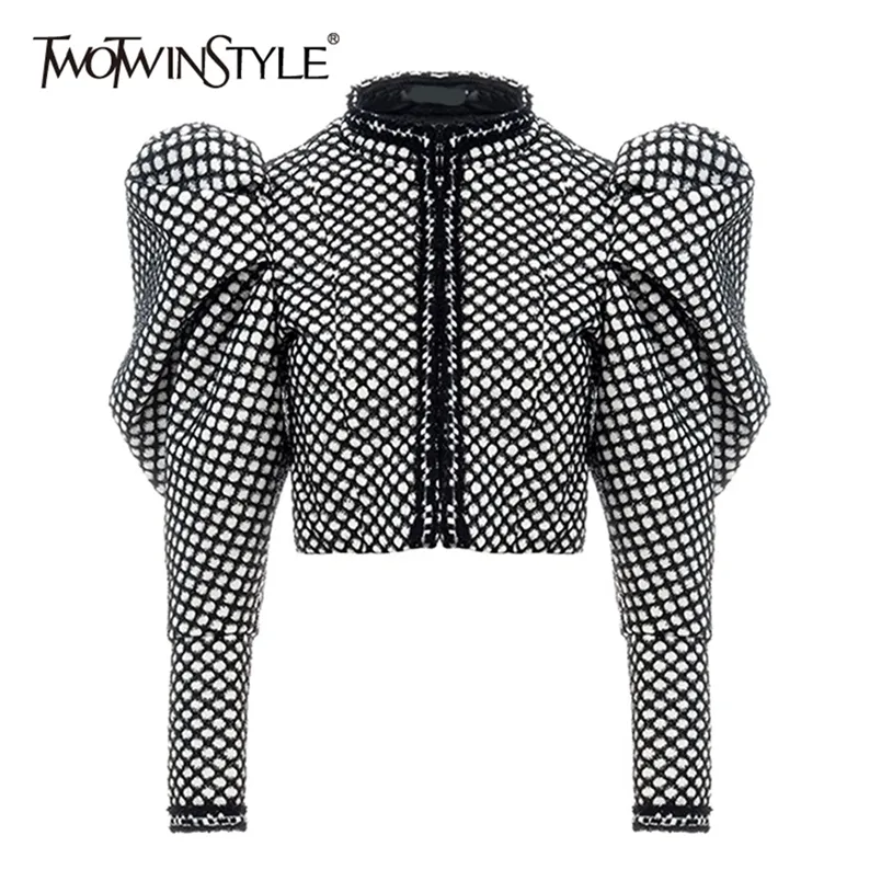 TWOTYLE Increspato Plaid Cappotto Per Le Donne O Collo Del Manicotto di Soffio Corto Femminile Streetwear Moda Autunno Nuovi Vestiti 2020 LJ200824