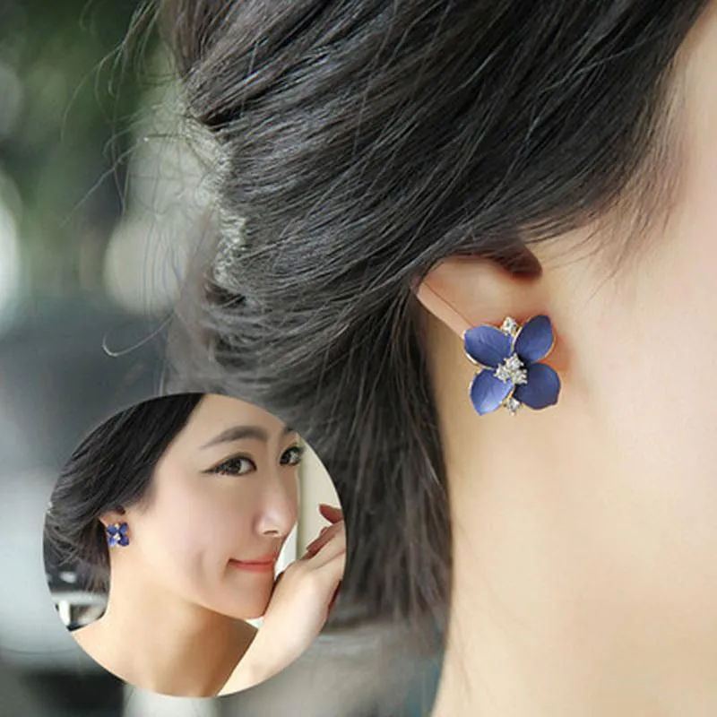 Stud Fashion Jewelry Three-dimensional Matte Ear Clip Blue Flowers Crystal Flower Earrings Perforated Female Elegant Earring