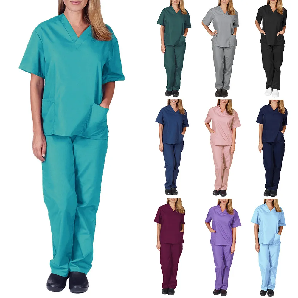 Eithexu kvinnor två stycken byxor och toppar fashionabla sjukhus uniform sjuksköterska passar medicinska skrubber sätter spa uniformer skönhetssalong uniform