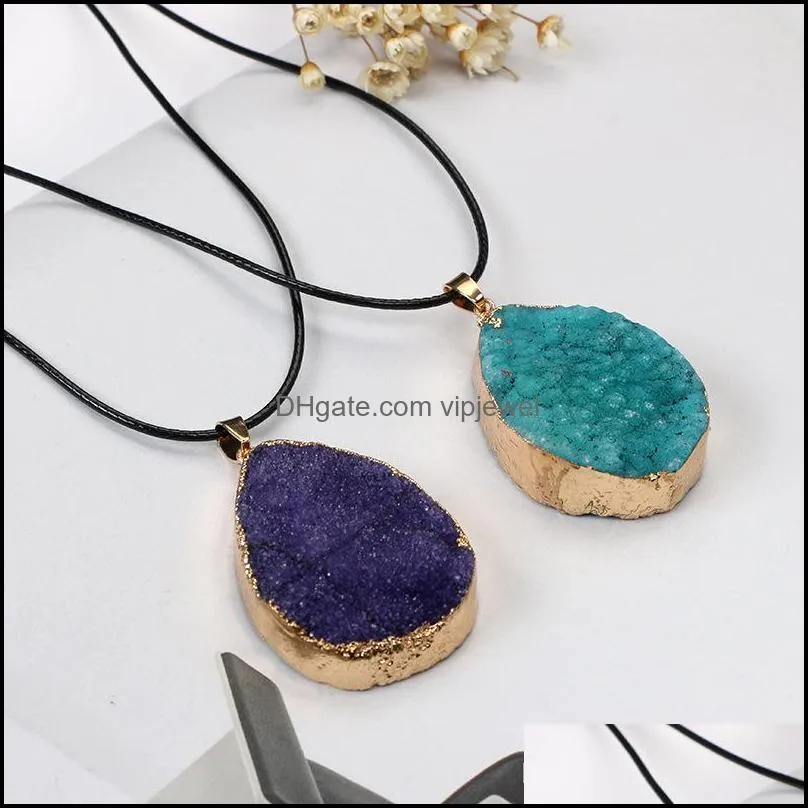 Hot sale Druzy necklace 7 color Geometric Natural Drusy Stone pendant Black snake Leather Cord Rope chain necklace For women Fashion