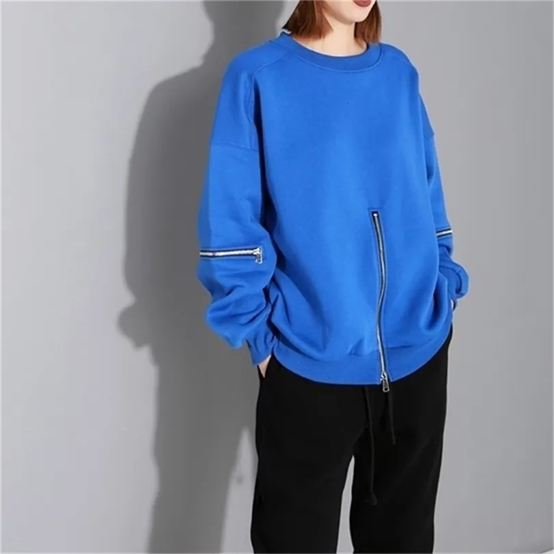 Johnature Autumn Winter Casual Simple 2 Colors Pullover Loose Hoodies Thicken Warm O-neck Zippers Women Sweatshirts 201208