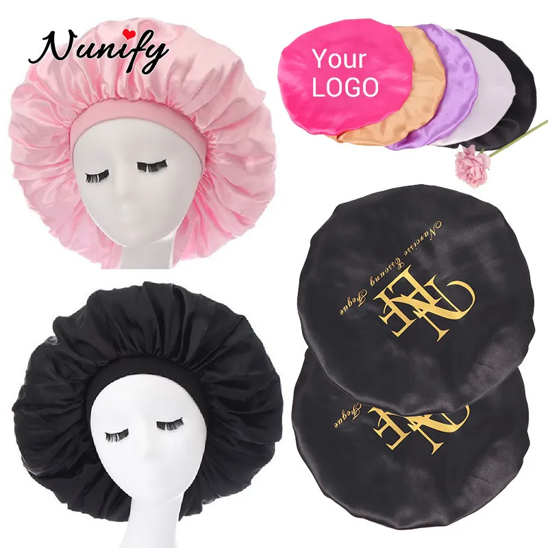 Personnalisez votre propre bord large Bonnet en satin Bonnets de sommeil Bonnets de cheveux doublés de satin pour femmes 20pcs Grand Bonnet pour cheveux bouclés 220608