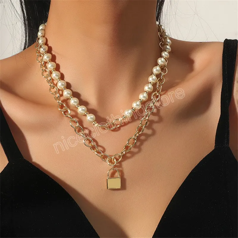 Imitation Pearl Lock Pendant Choker Halsband för kvinnor Mode Dubbelskikt Bröllop Bröllop Smycken på nacktillbehör