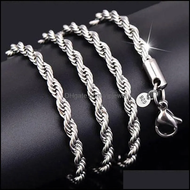 سلاسل قلادات المعلقات المجوهرات 925 Sterling Sier 2mm M سلسلة حبل ملتوية للنساء الرجال 16 18 20 22 24 28 28 30 بوصة إسقاط ديل